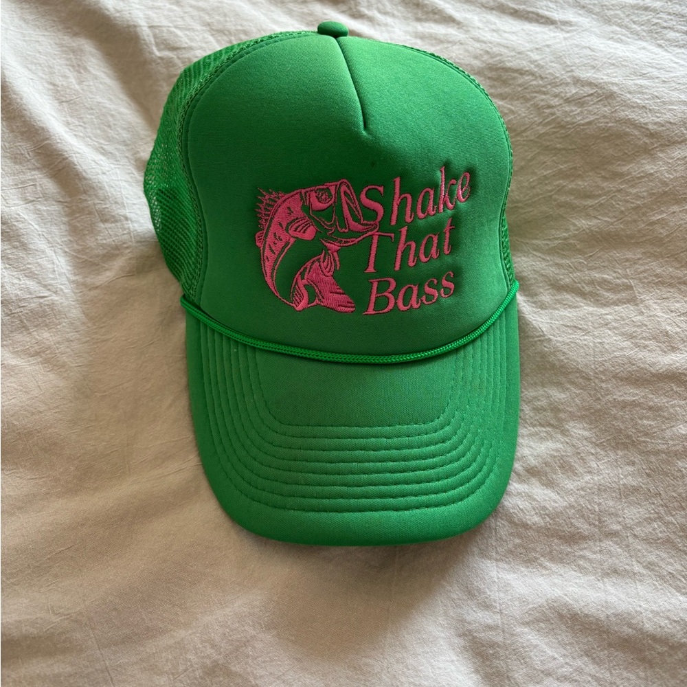 Green/pink shake that bass trucker hat
